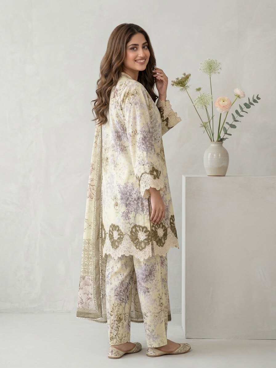 Cream Printed 3Piece Stitched