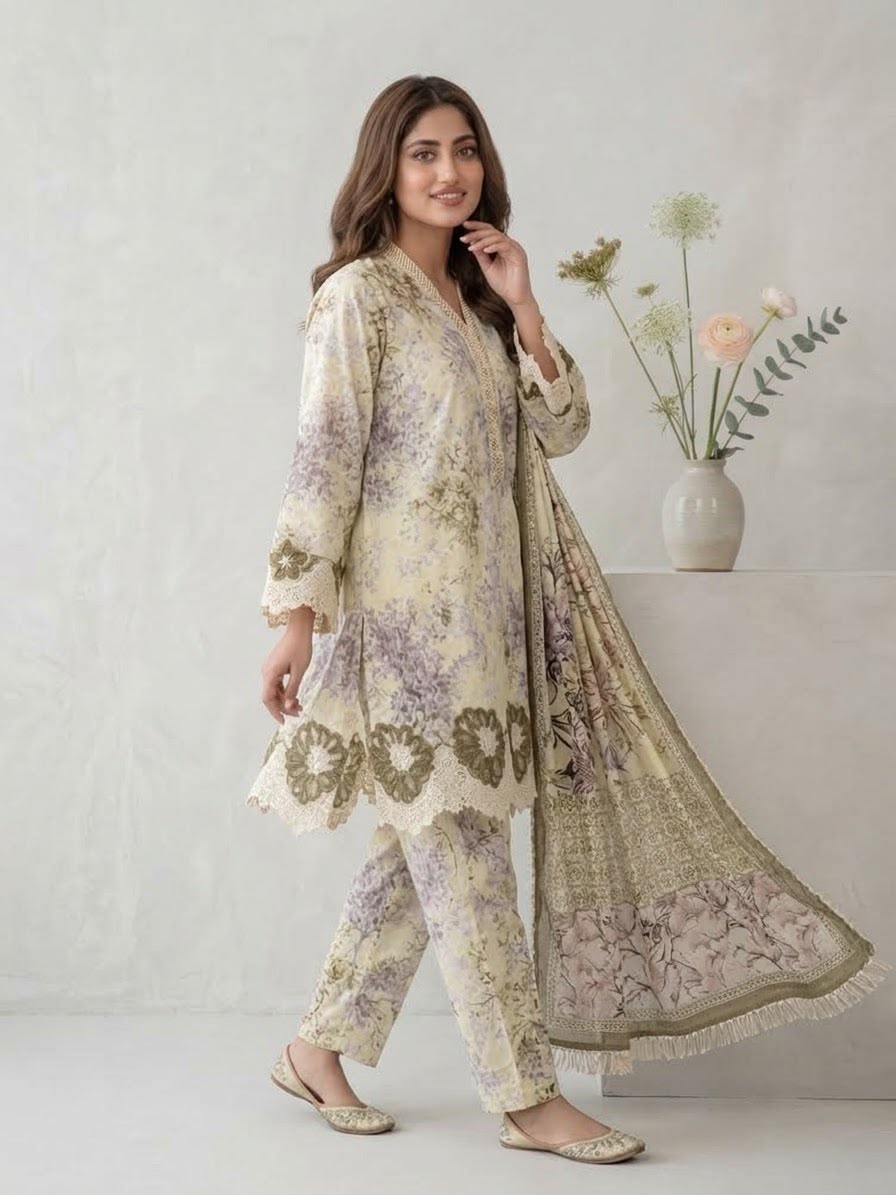 Cream Printed 3Piece Stitched