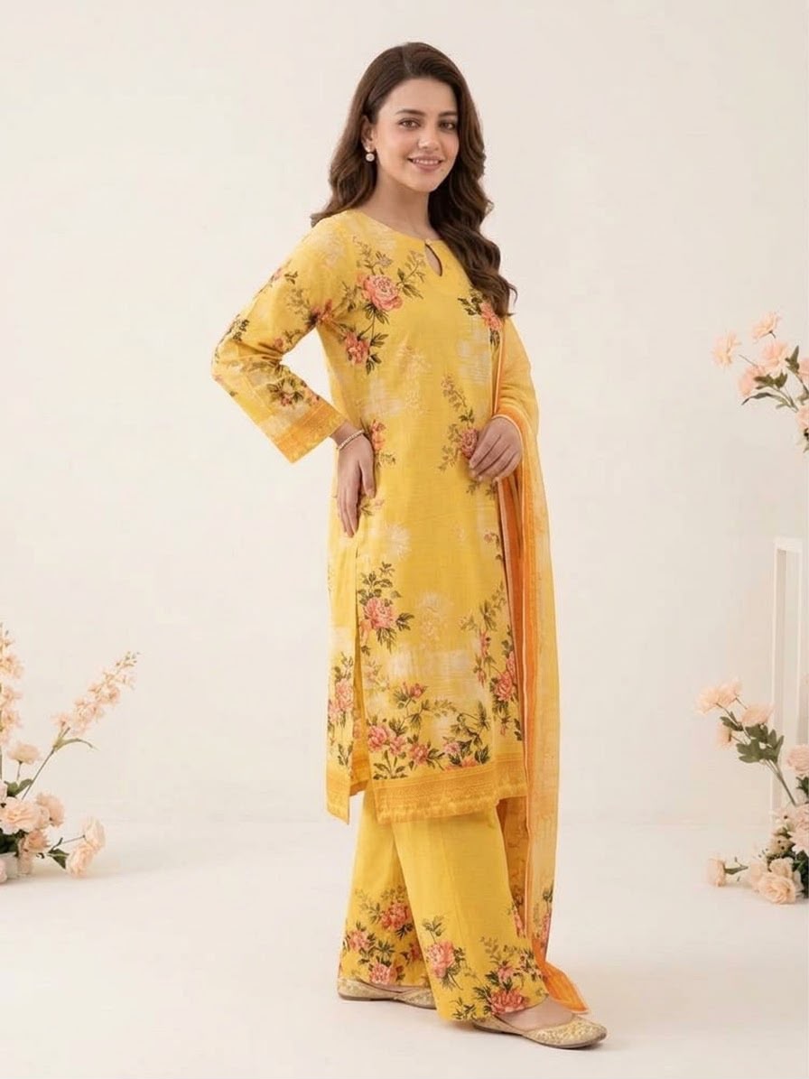 Mustard Yellow Floral Stitched 3Piece