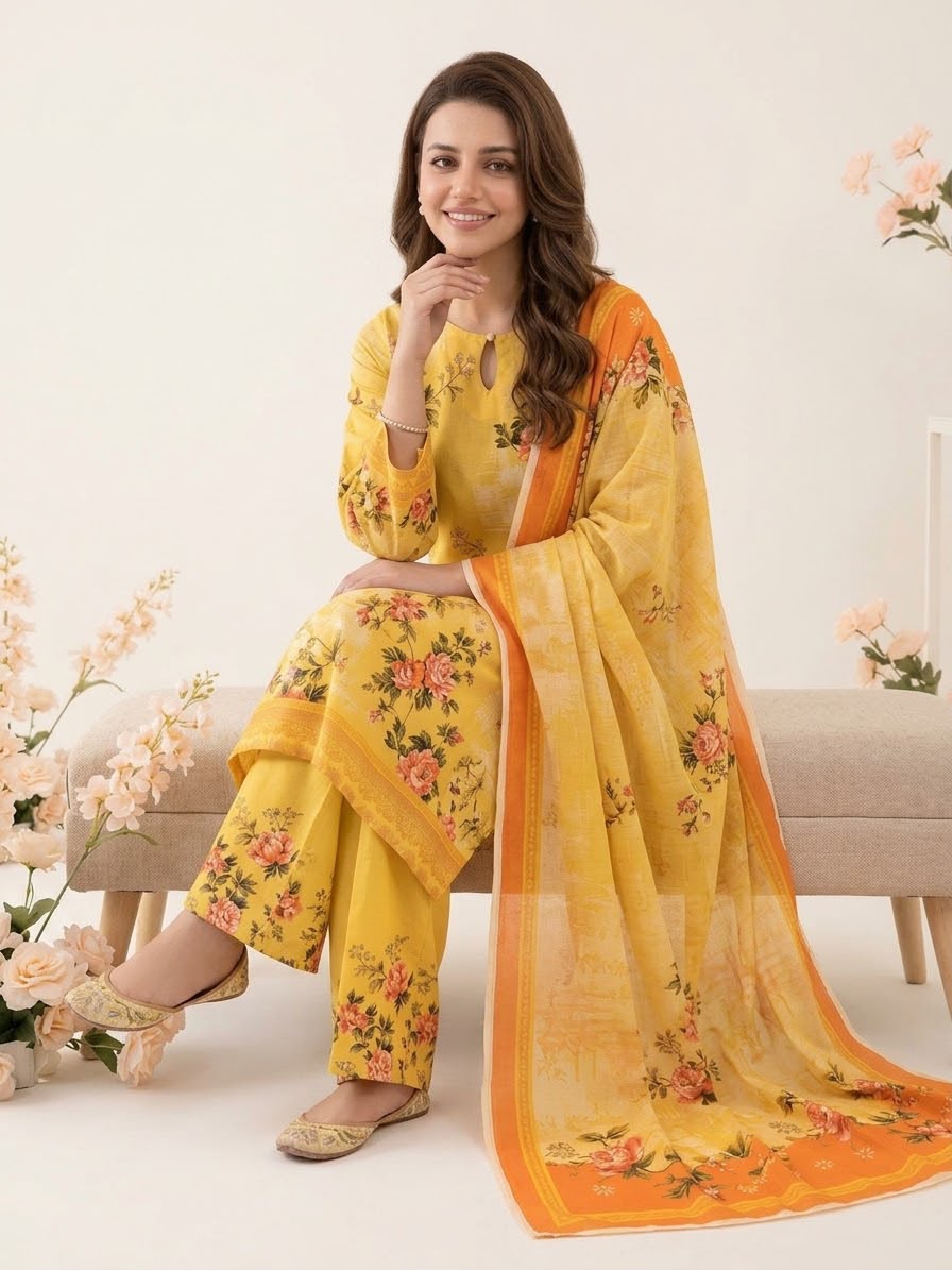 Mustard Yellow Floral Stitched 3Piece