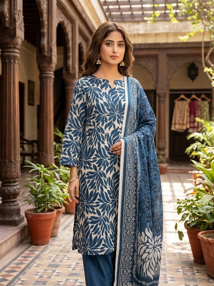 Blue Leaf Stitched 3Piece