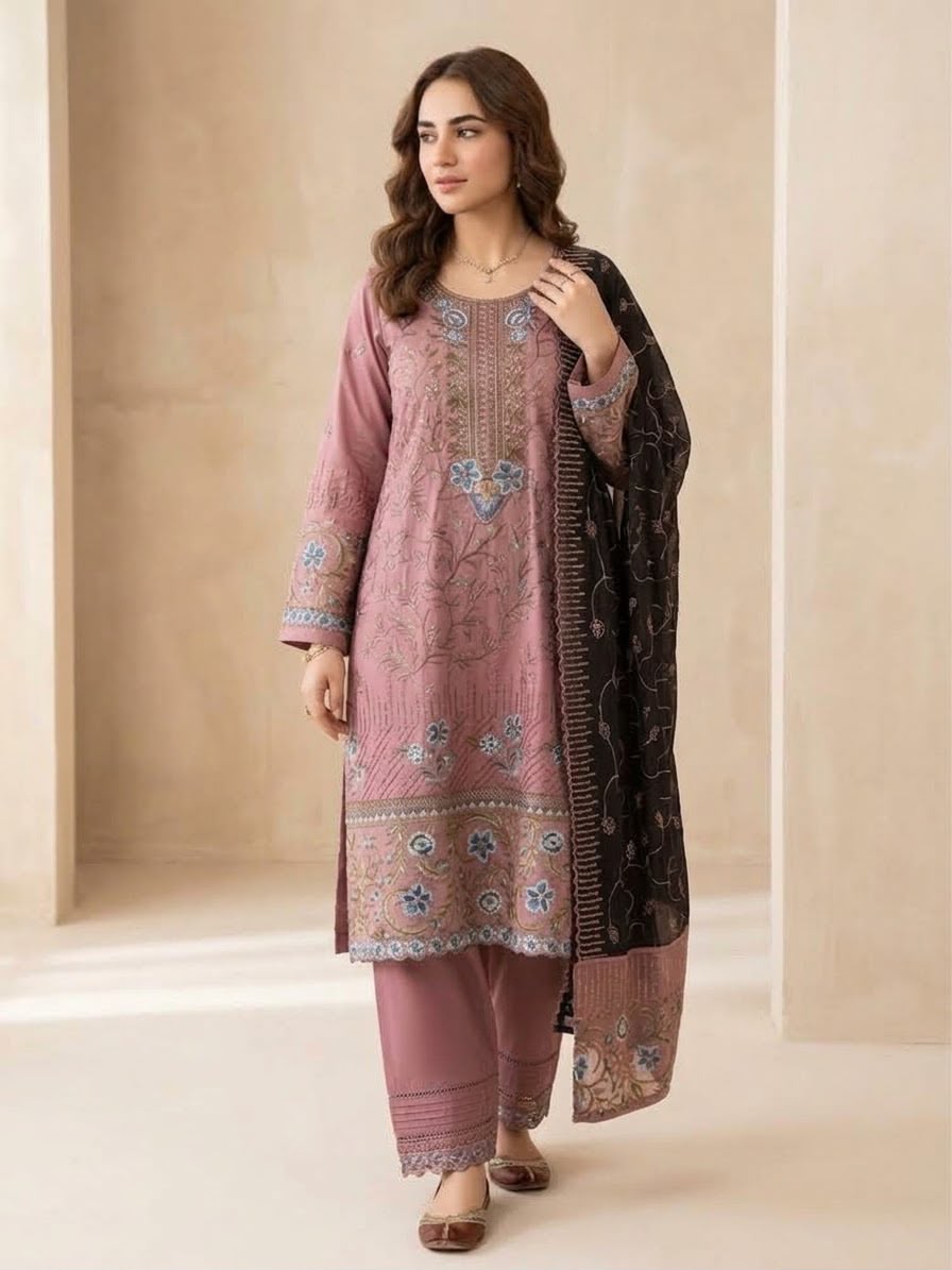 Mauve Embroidered Stitched 3Piece