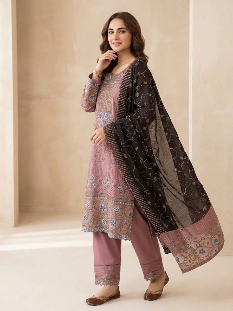 Mauve Embroidered Stitched 3Piece