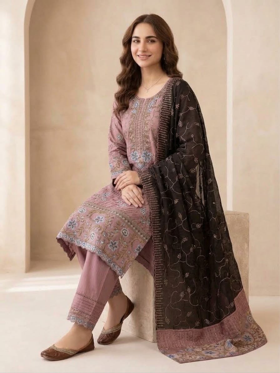 Mauve Embroidered Stitched 3Piece