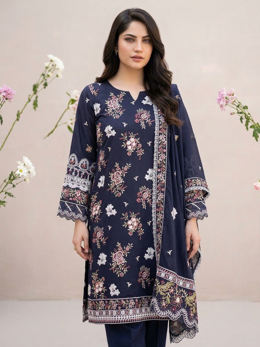 Navy Embroidered Stitched 3Piece