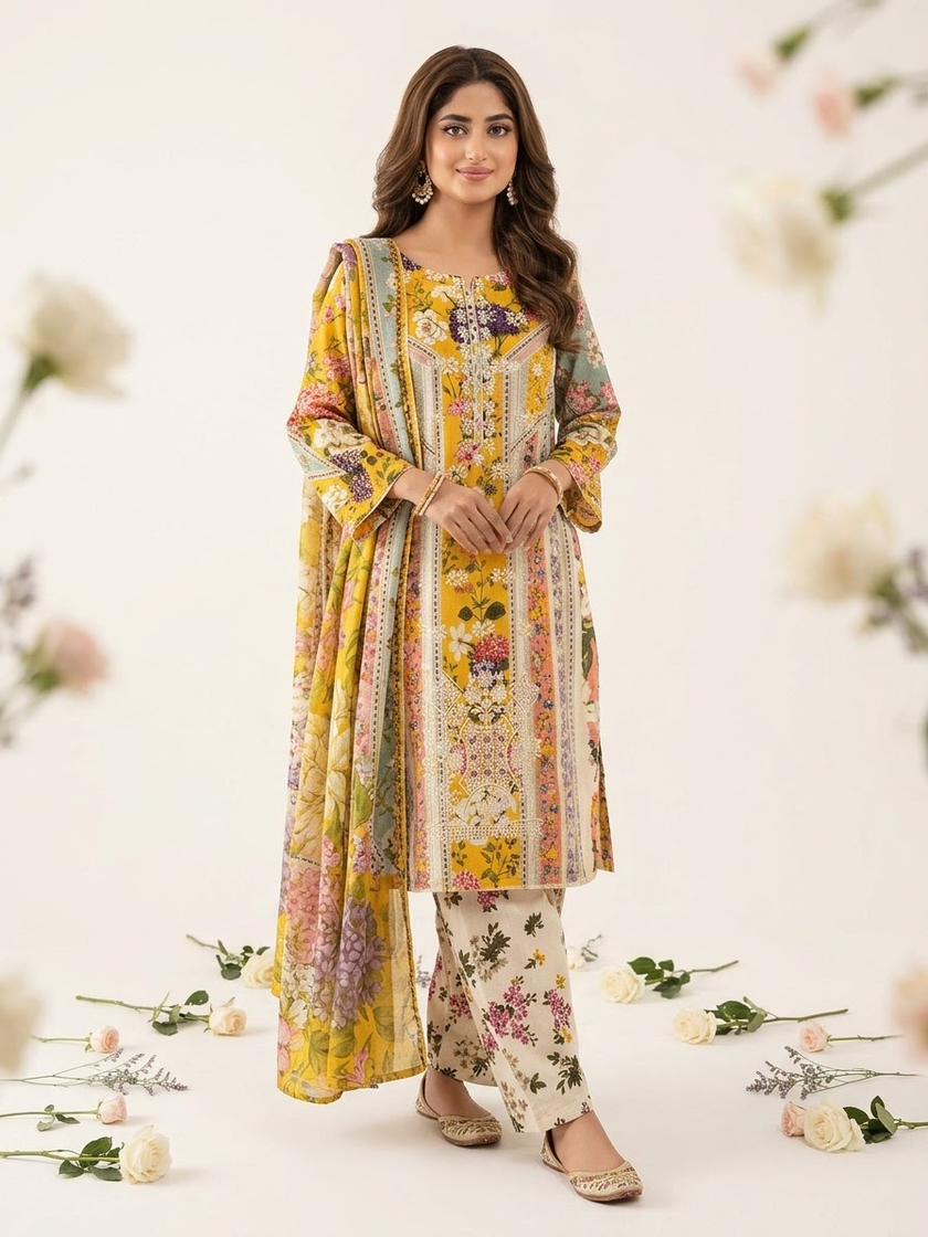 Yellow Floral Stitched 3Piece