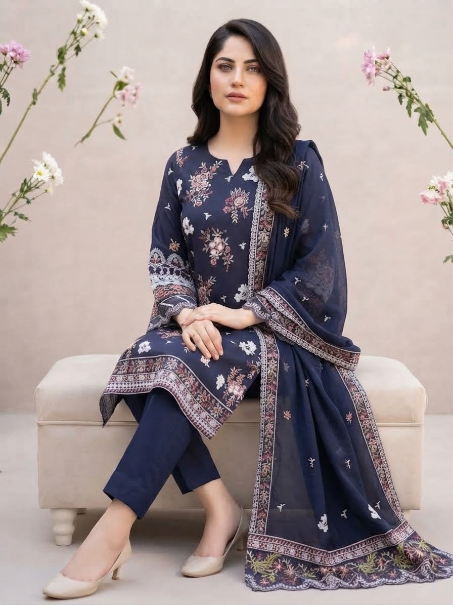 Navy Embroidered Stitched 3Piece
