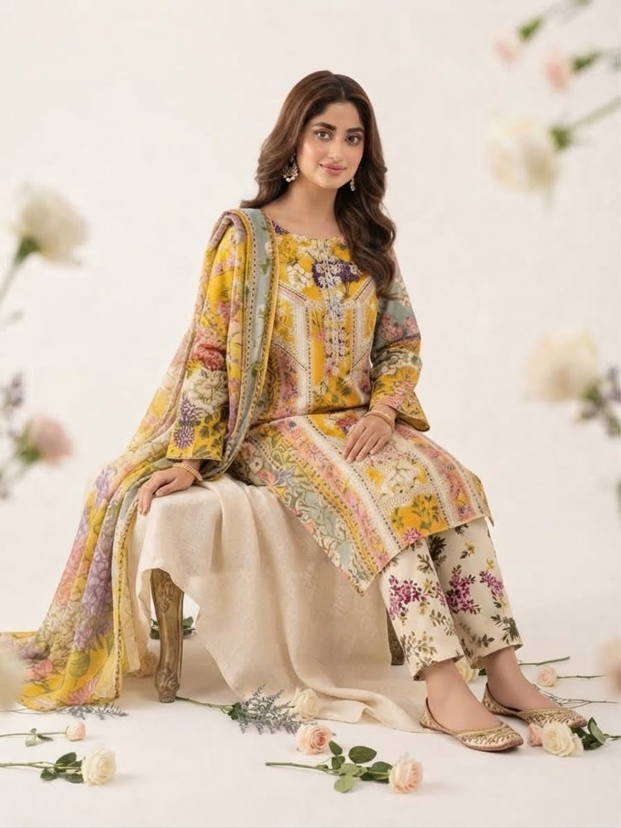 Yellow Floral Stitched 3Piece